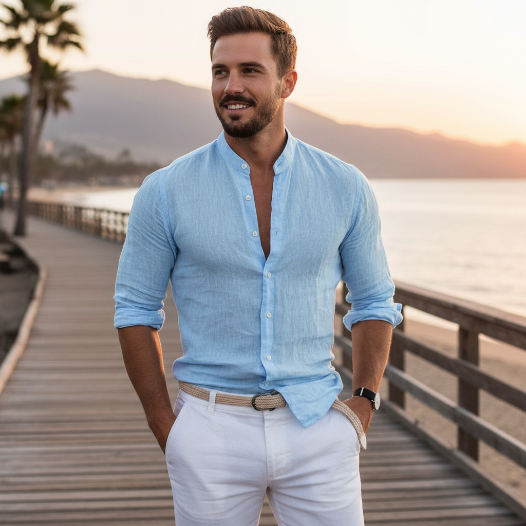 Liam | Men's Casual Shirt With Mandarin Collar And Long Sleeves | Smart Casual