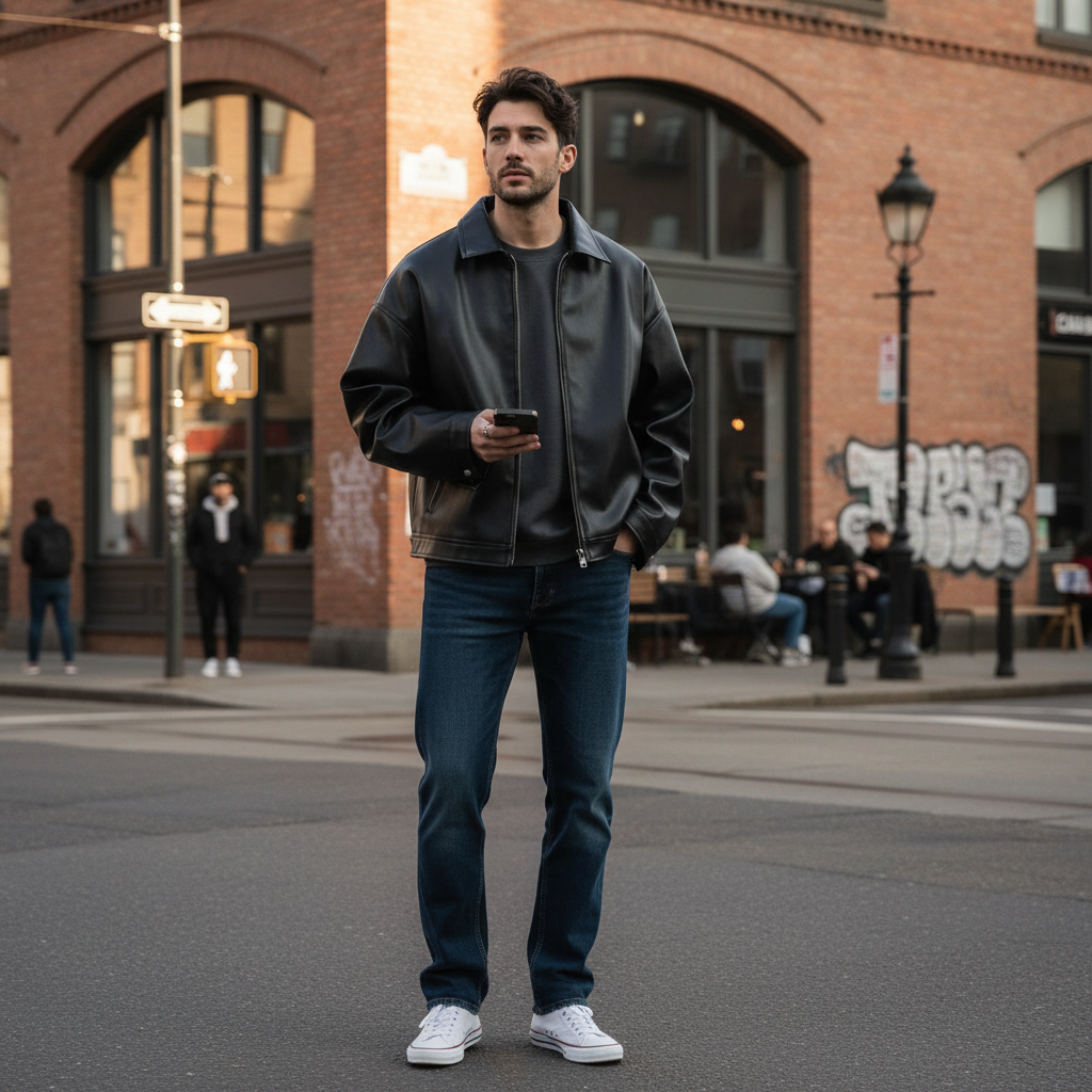 Liam | Men's Leather Jacket With Zip Closure And Point Collar | Minimalist