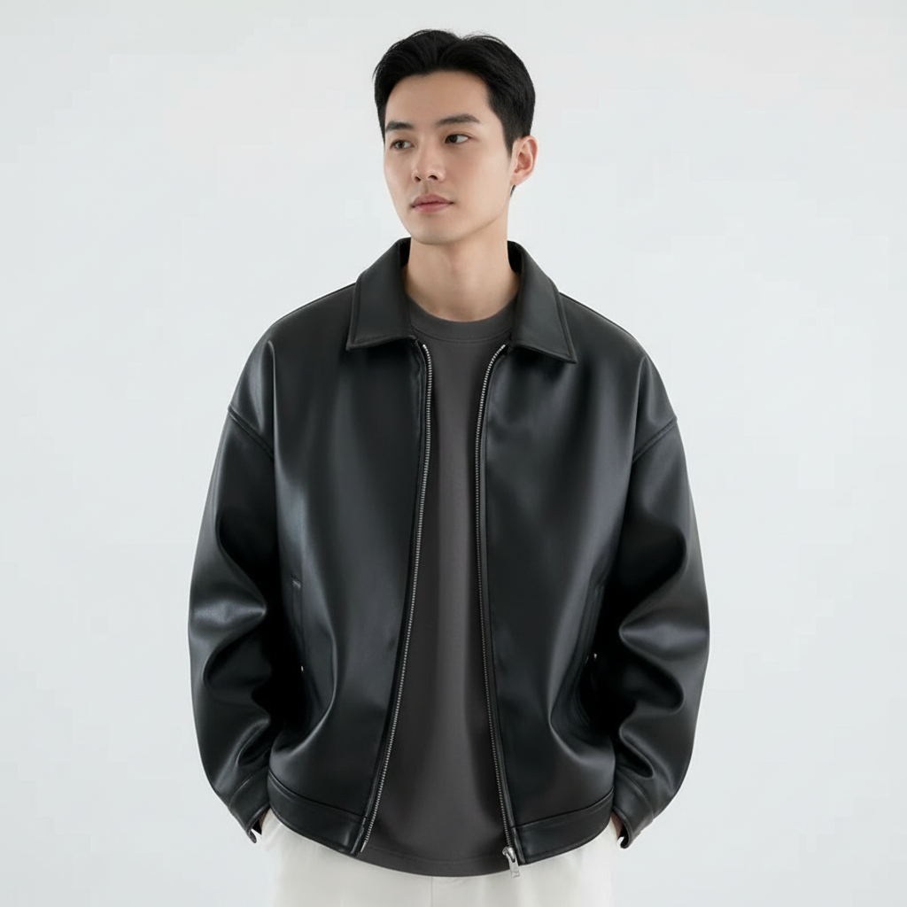 Liam | Men's Leather Jacket With Zip Closure And Point Collar | Minimalist