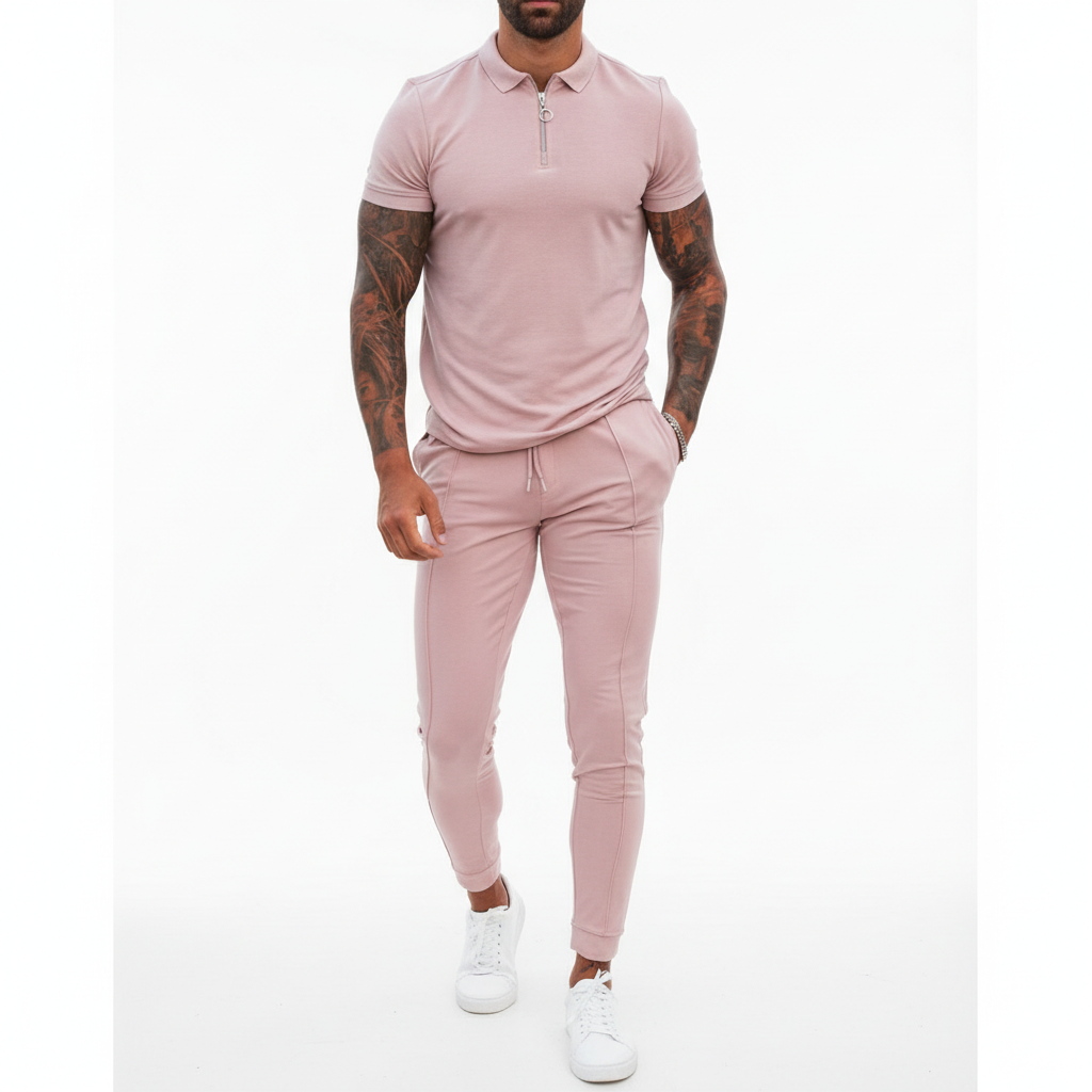 Liam | Men's Summer Set With Zip Polo Shirt And Drawstring Pants | Sporty