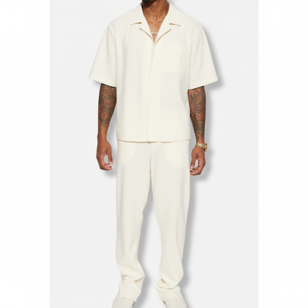 Liam | Men's Two Piece Set With Cuban Collar And Straight Leg Pants | Casual