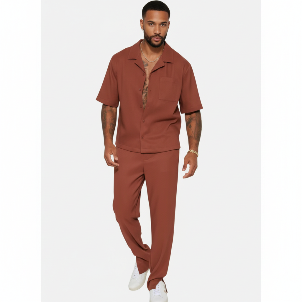 Liam | Men's Two Piece Set With Cuban Collar And Straight Leg Pants | Casual