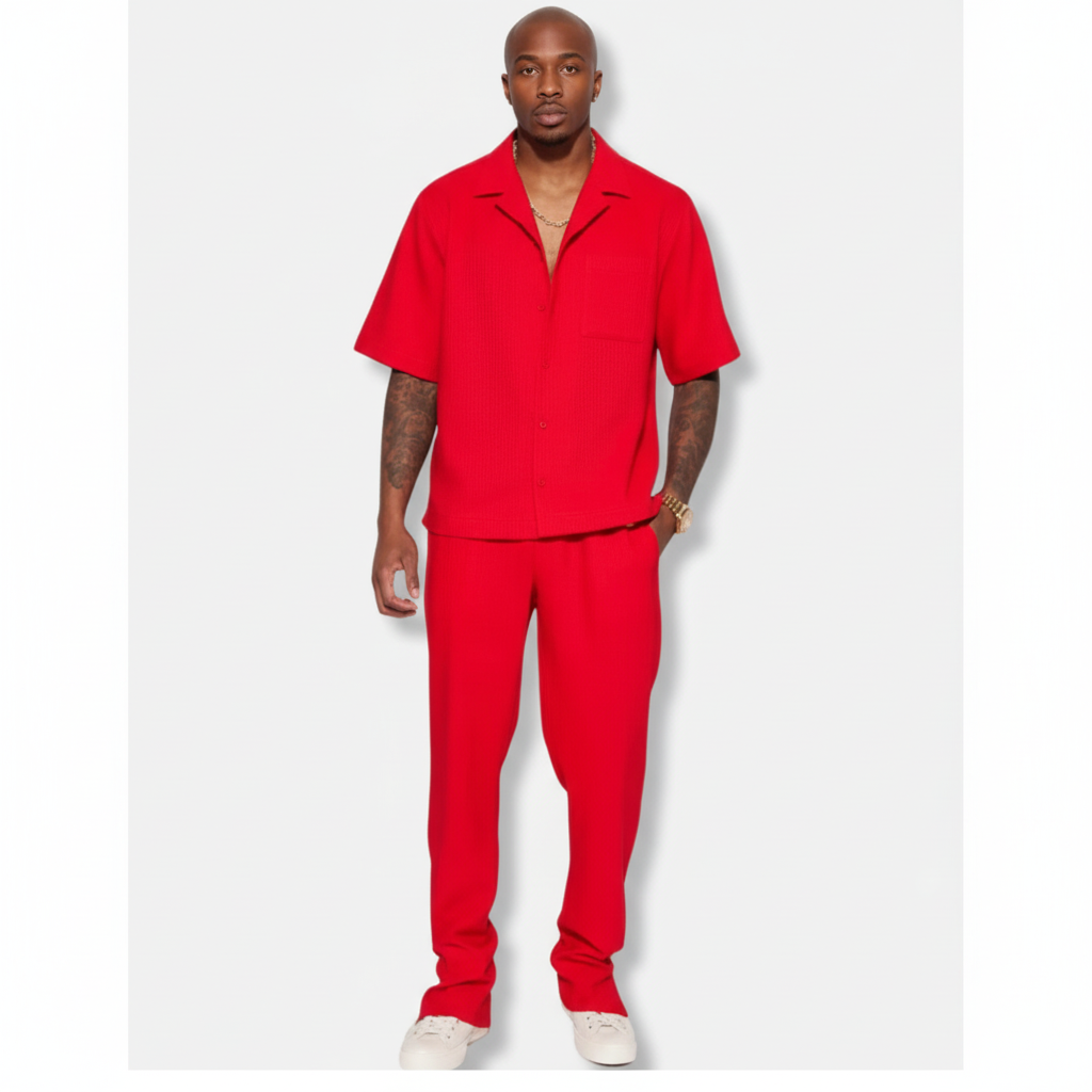 Liam | Men's Two Piece Set With Cuban Collar And Straight Leg Pants | Casual