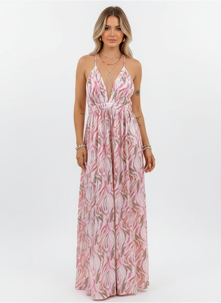 Liora | Women's Floral Maxi Dress With Deep V Neckline And Puff Sleeves