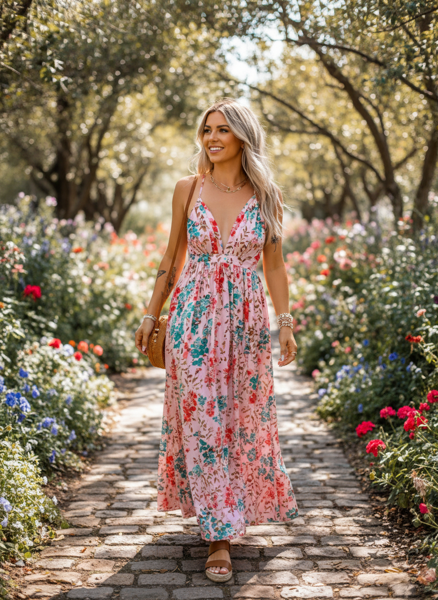 Liora | Women's Floral Maxi Dress With Deep V Neckline And Puff Sleeves