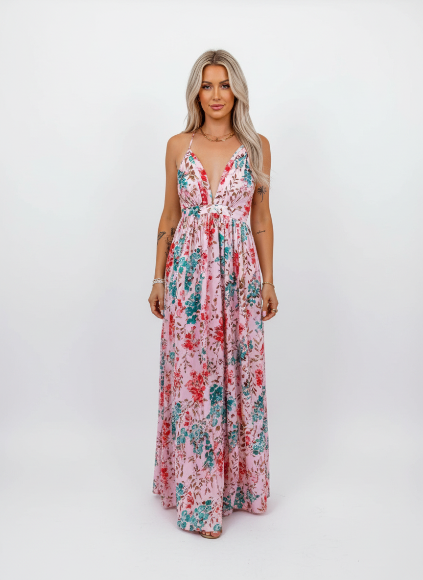 Liora | Women's Floral Maxi Dress With Deep V Neckline And Puff Sleeves