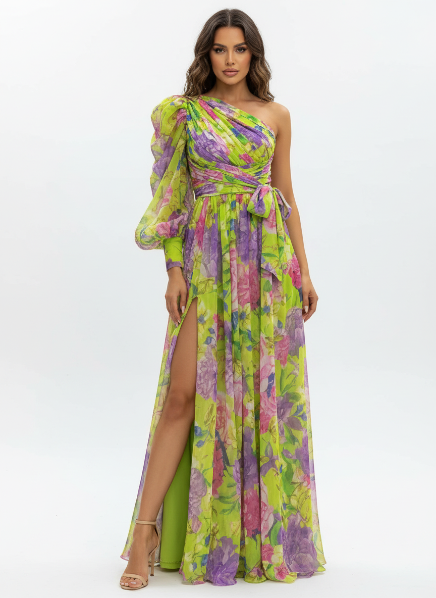 Liora | Women's Floral Maxi Dress With Tie Waist And Cape Sleeves