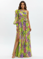 Liora | Women's Floral Maxi Dress With Tie Waist And Cape Sleeves