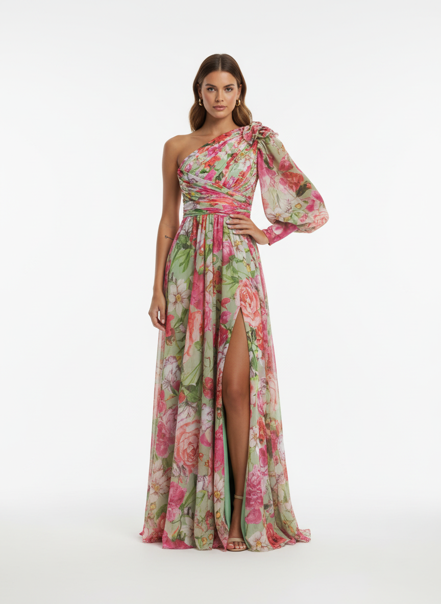 Liora | Women's Floral Maxi Dress With Tie Waist And Cape Sleeves