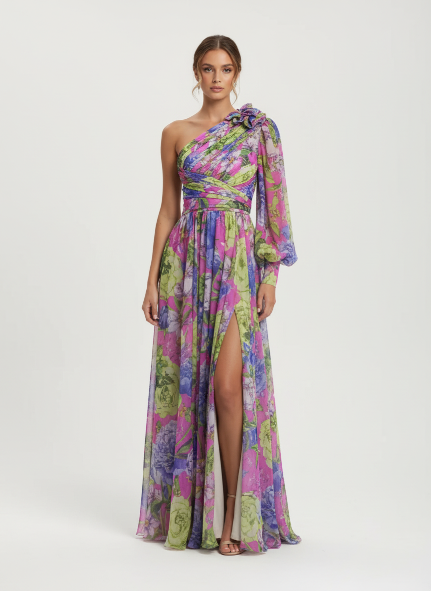 Liora | Women's Floral Maxi Dress With Tie Waist And Cape Sleeves