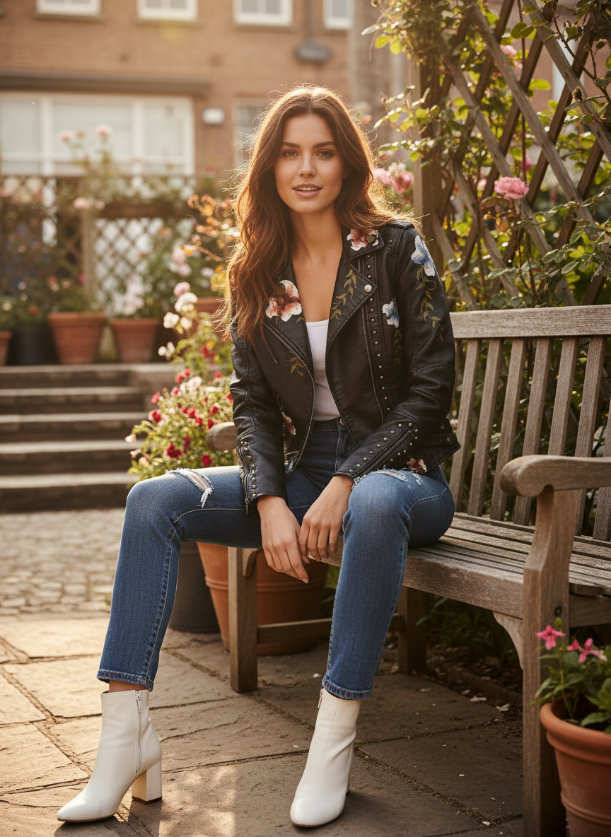 Liora | Women's Leather Jacket With Quilted Shoulders And Zip Closure