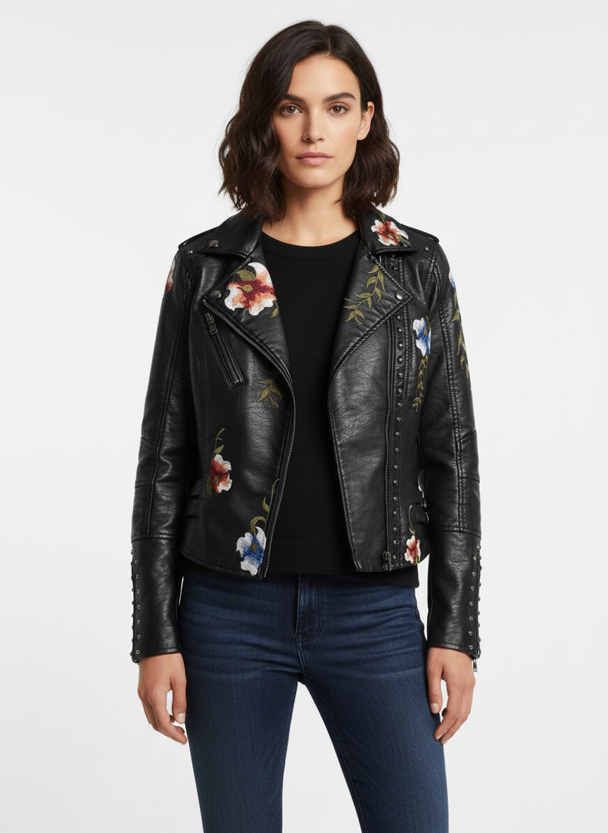 Liora | Women's Leather Jacket With Quilted Shoulders And Zip Closure