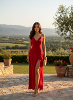 Liora | Women's Wedding Guest Dress With Waist Twist Design And Plunging Neckline