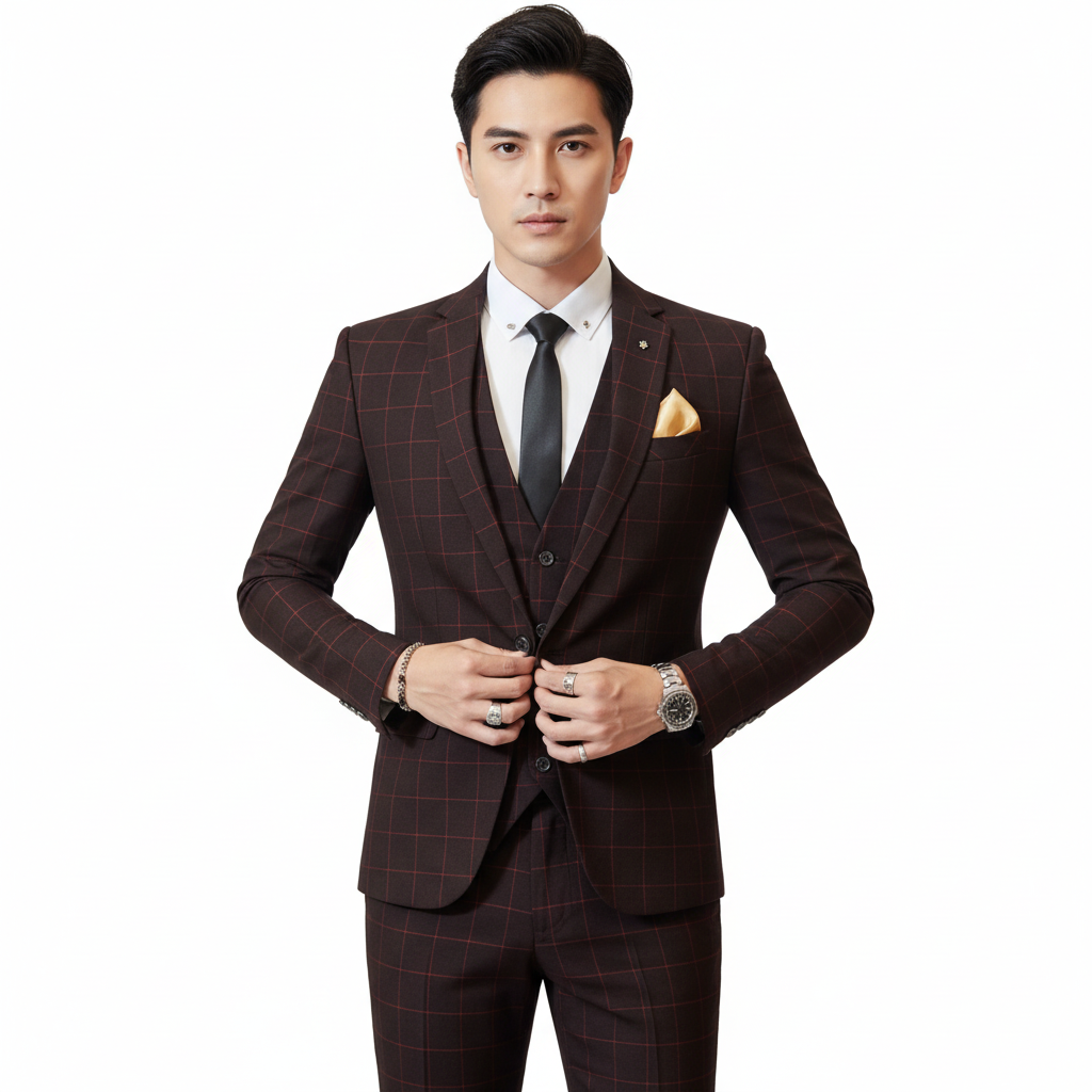 Lucas | Men's Three Piece Suit With Notch Lapel And Windowpane Pattern | Formal