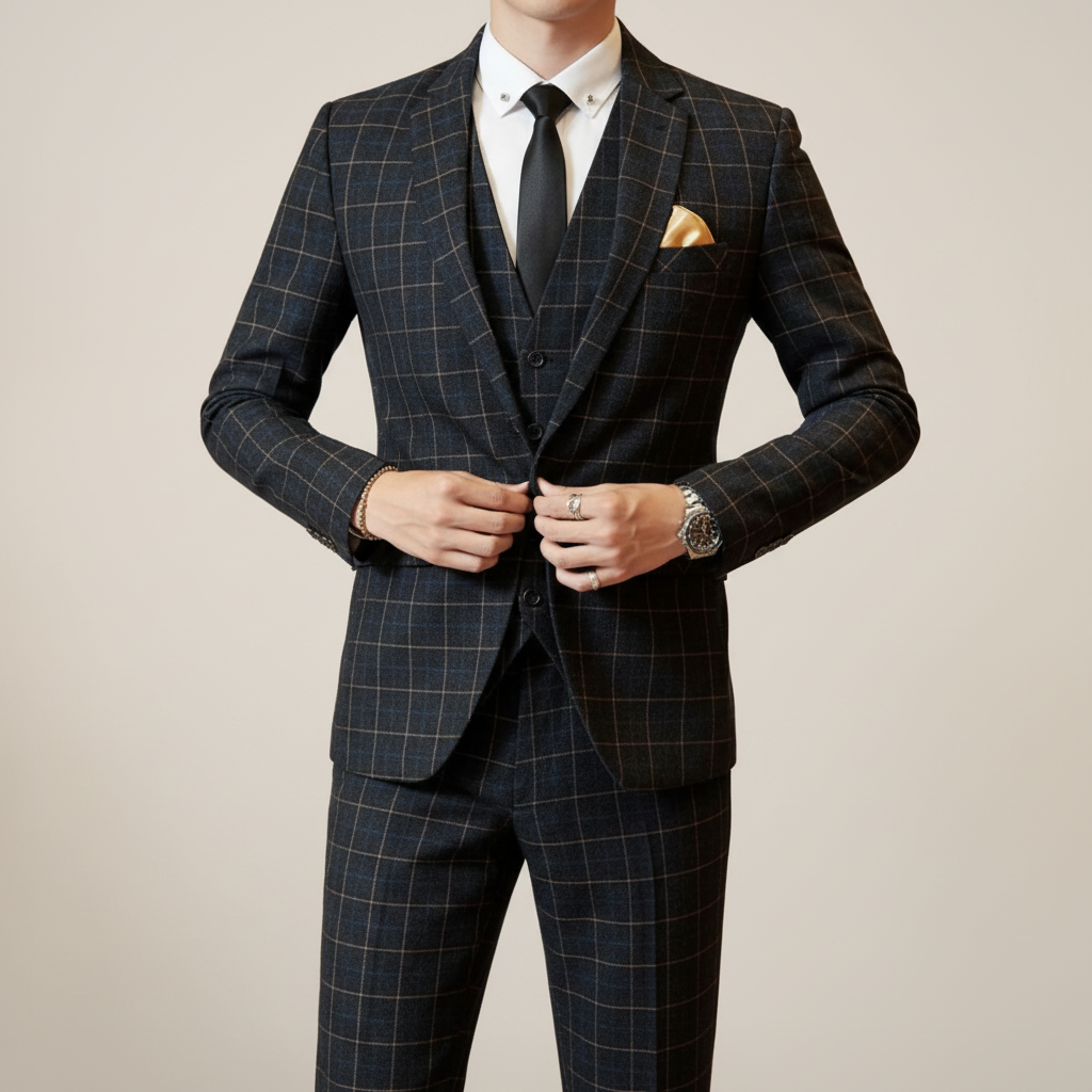 Lucas | Men's Three Piece Suit With Notch Lapel And Windowpane Pattern | Formal