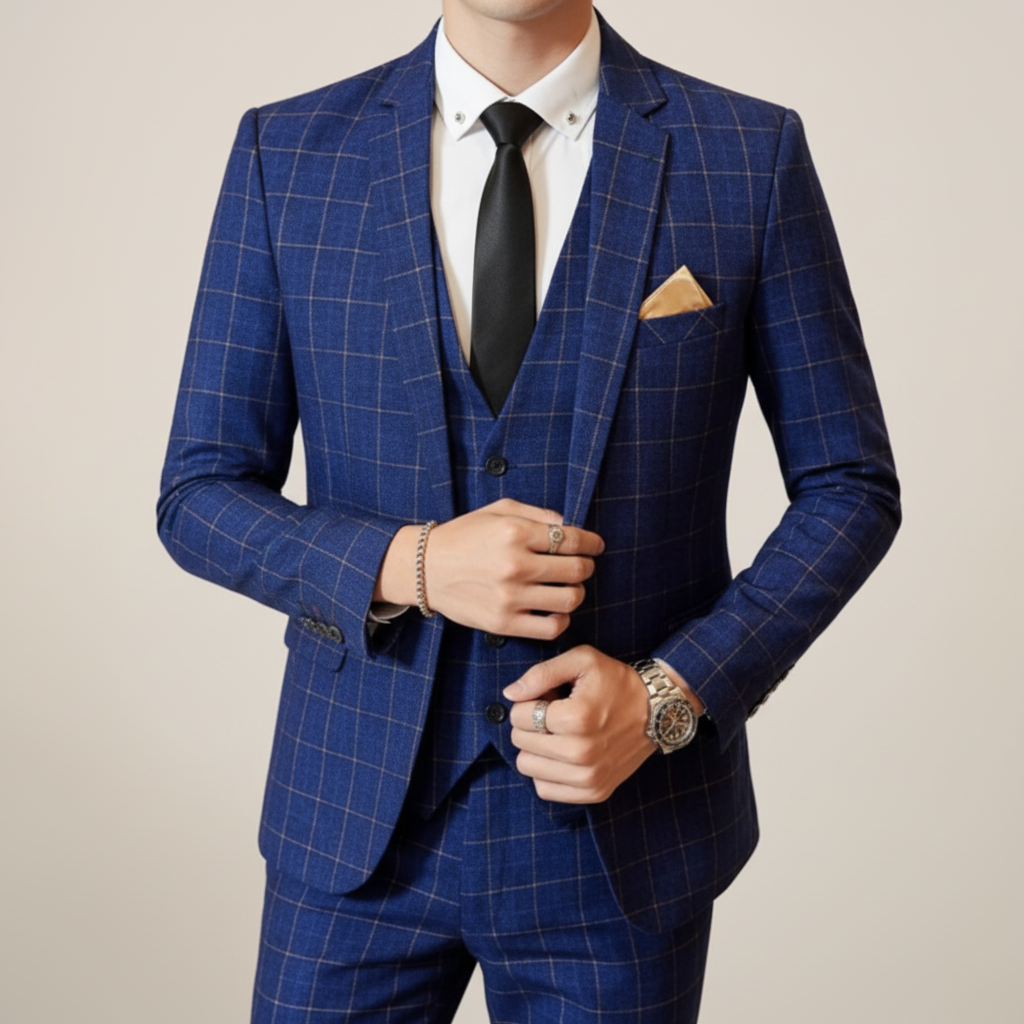 Lucas | Men's Three Piece Suit With Notch Lapel And Windowpane Pattern | Formal