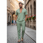 Lucas | Men's Two Piece Set With V Neck Shirt And Straight Leg Pants | Summer