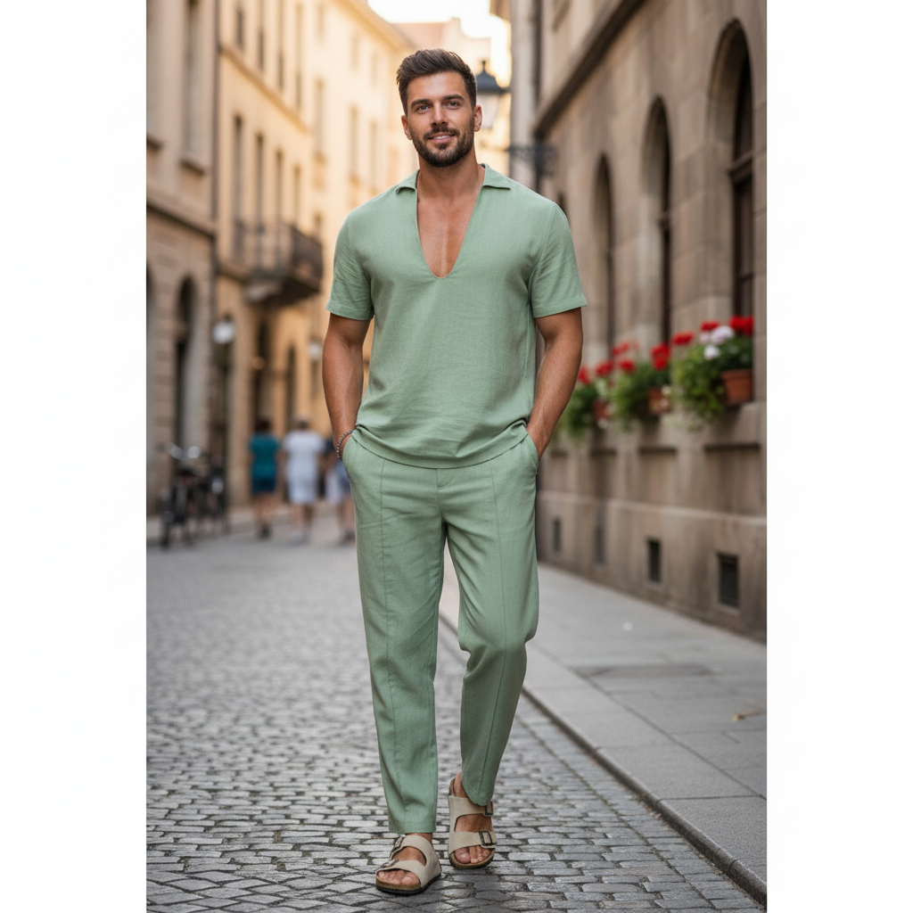 Lucas | Men's Two Piece Set With V Neck Shirt And Straight Leg Pants | Summer
