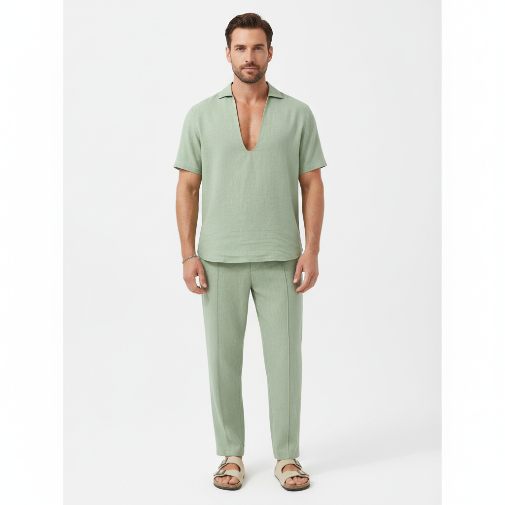 Lucas | Men's Two Piece Set With V Neck Shirt And Straight Leg Pants | Summer