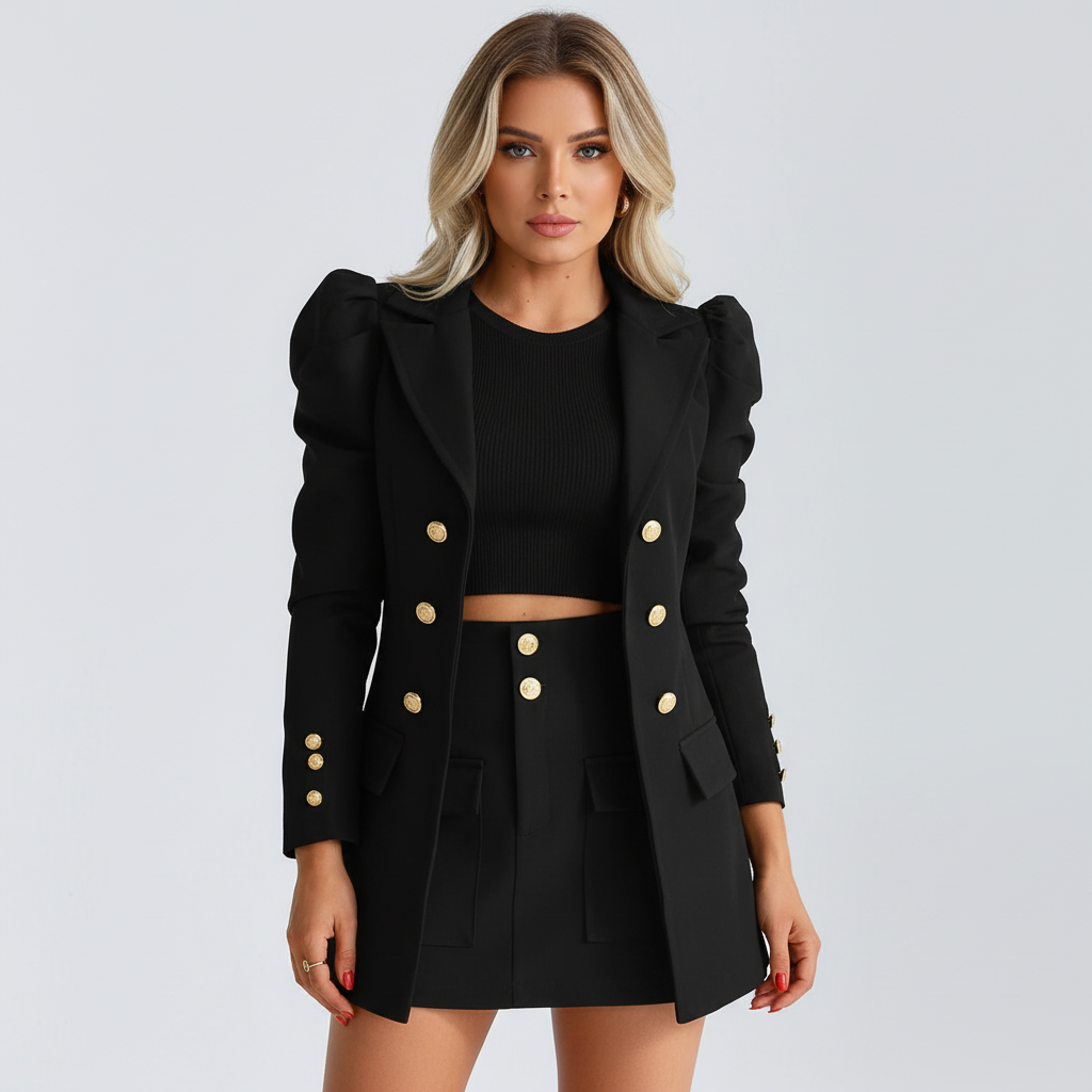 Madison | Women's Blazer And Skirt Co-ord Set With Gold Buttons And Pleated Skirt | Chic