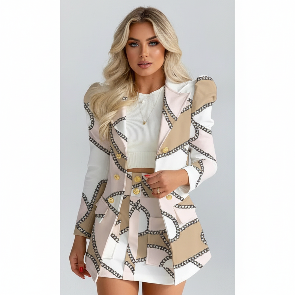 Madison | Women's Blazer And Skirt Co-ord Set With Gold Buttons And Pleated Skirt | Chic