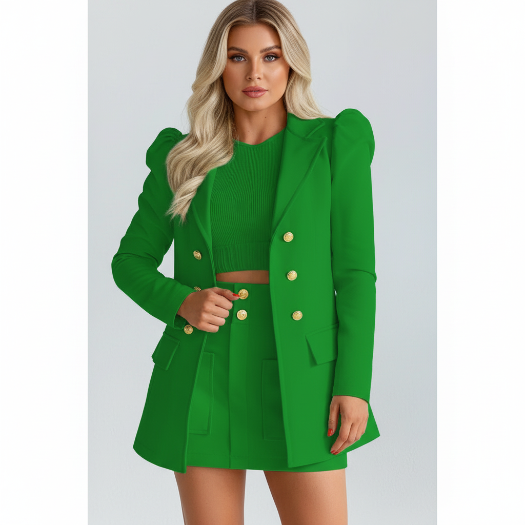 Madison | Women's Blazer And Skirt Co-ord Set With Gold Buttons And Pleated Skirt | Chic