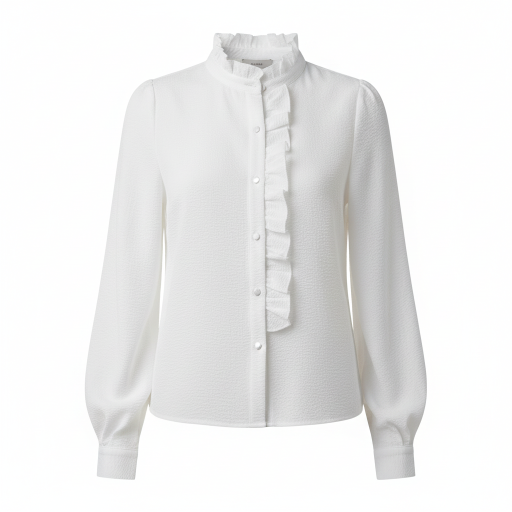 Madison | Women's Blouse With Ruffled Neckline And Contrast Buttons | Elegant
