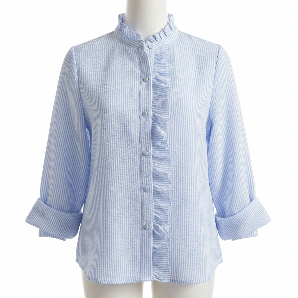 Madison | Women's Blouse With Ruffled Neckline And Contrast Buttons | Elegant
