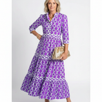 Madison | Women's Chain Pattern Midi Dress With Pleated Skirt And V-Neck | Elegant