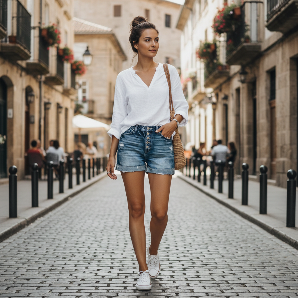 Madison | Women's Denim Shorts With Button Front And Rolled Hem | Casual