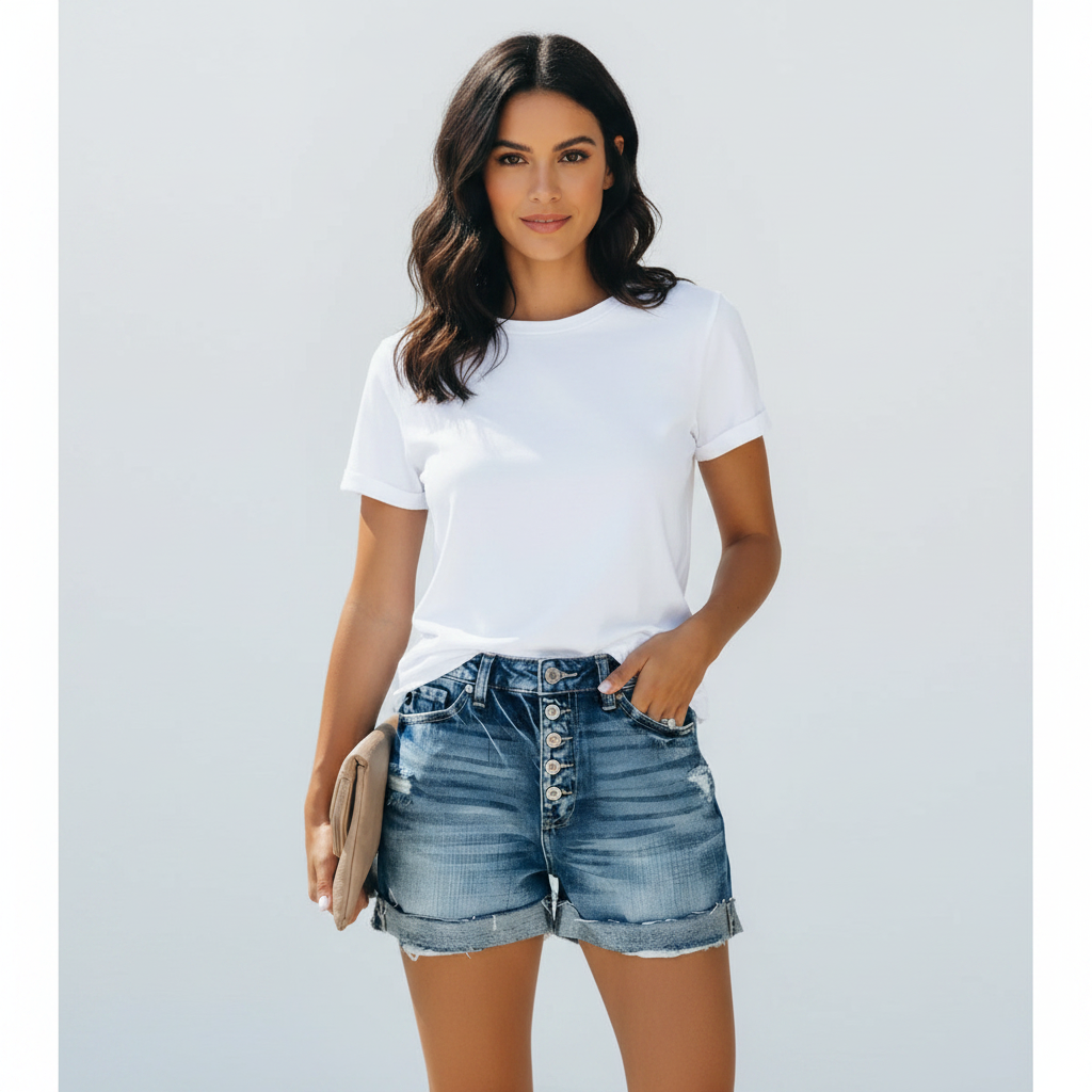 Madison | Women's Denim Shorts With Button Front And Rolled Hem | Casual