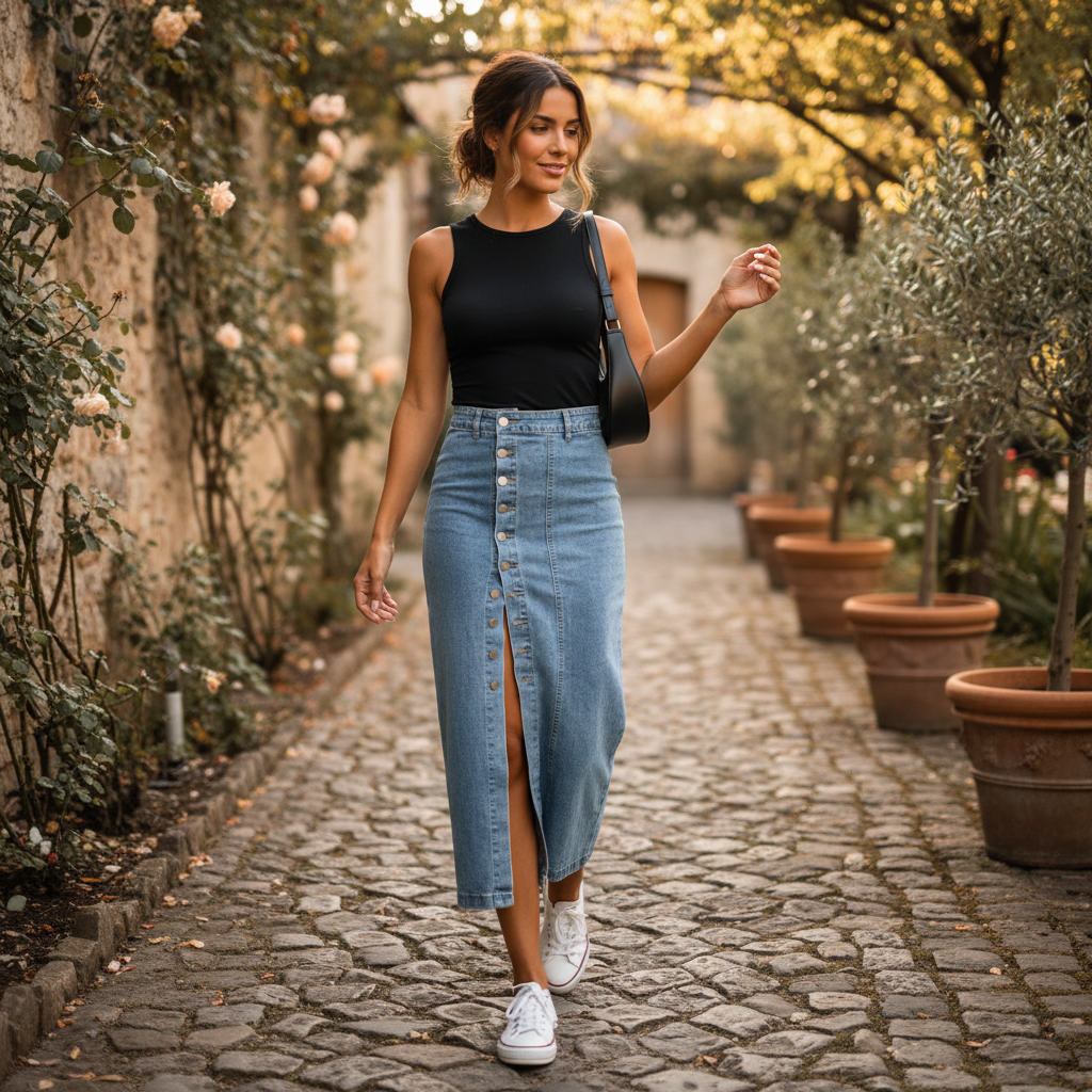 Madison | Women's Denim Skirt With Button Front And Side Slit | Casual