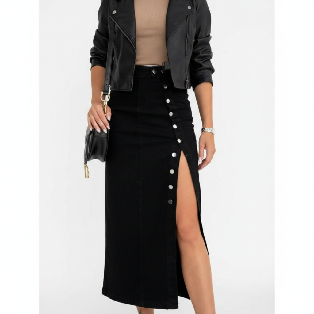 Madison | Women's Denim Skirt With Button Front And Side Slit | Casual