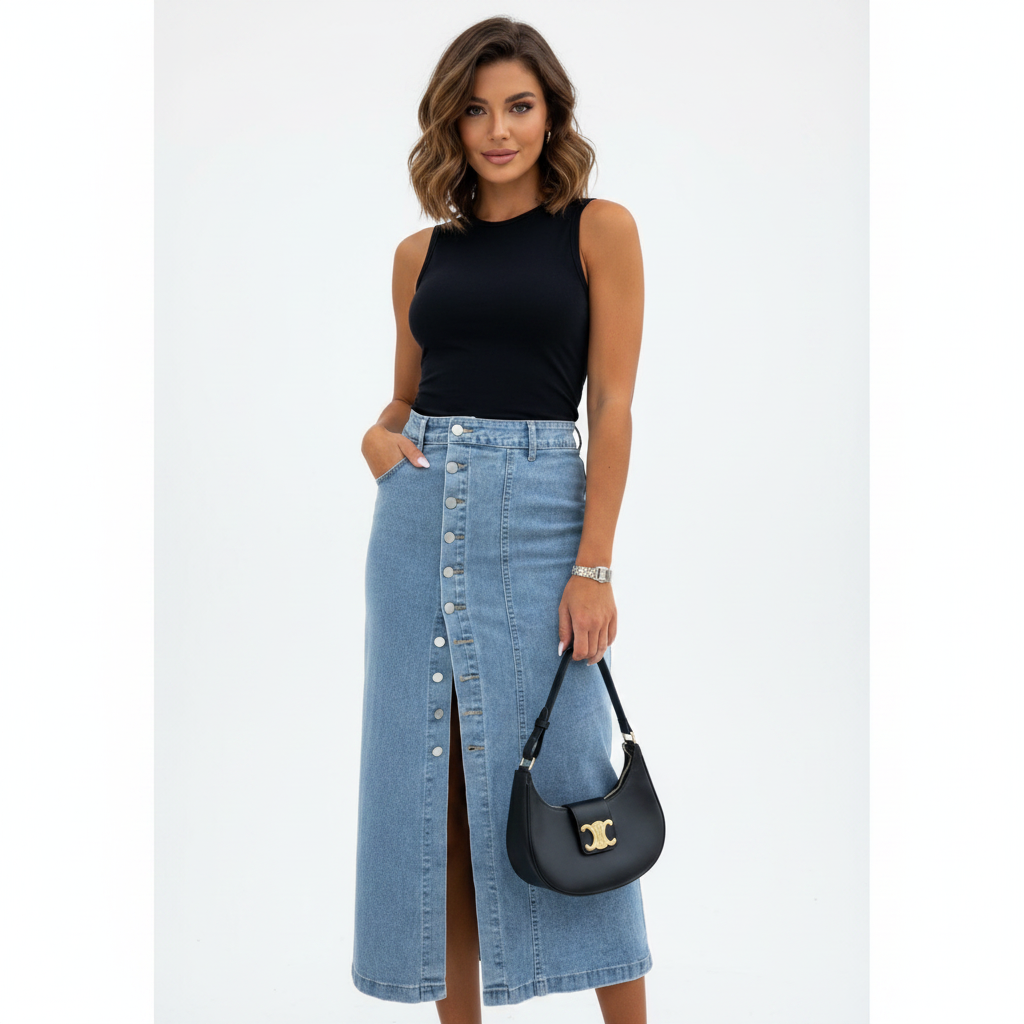 Madison | Women's Denim Skirt With Button Front And Side Slit | Casual