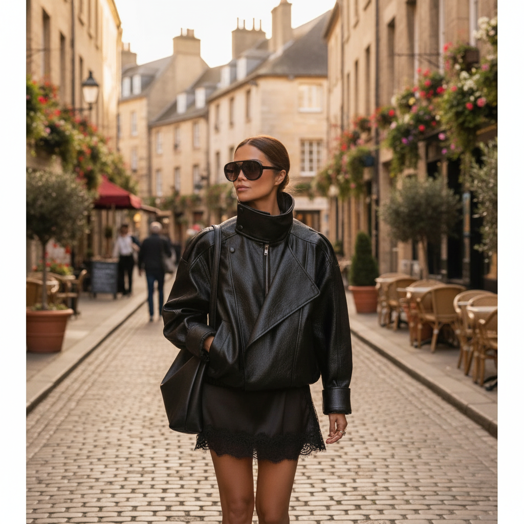 Madison | Women's Leather Jacket With Asymmetric Zip And High Neck | Biker