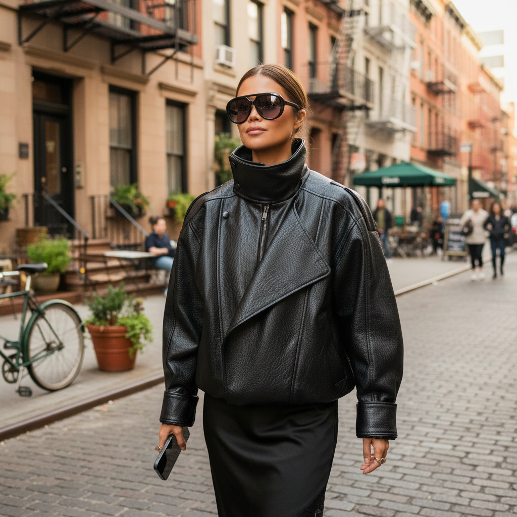 Madison | Women's Leather Jacket With Asymmetric Zip And High Neck | Biker