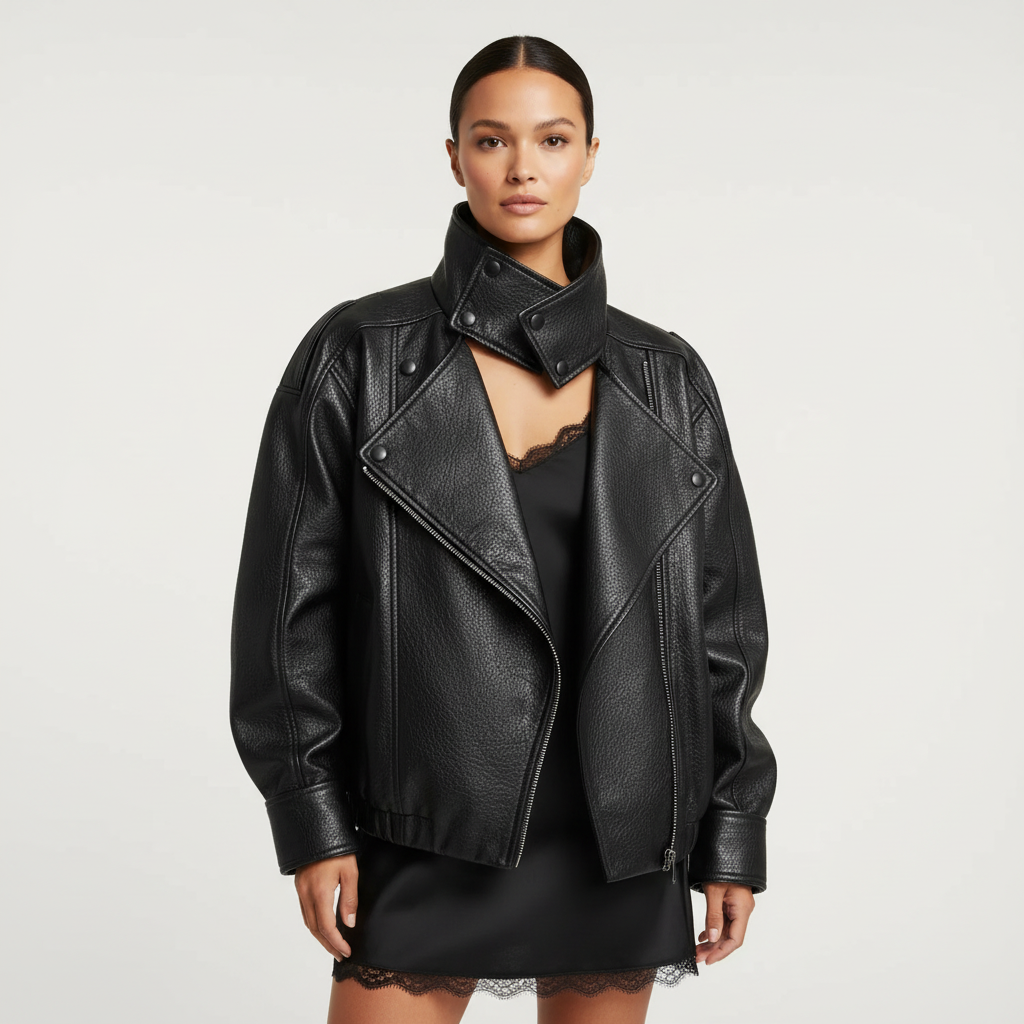 Madison | Women's Leather Jacket With Asymmetric Zip And High Neck | Biker