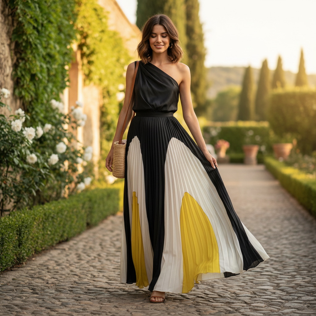Madison | Women's One Shoulder Dress With Pleated Skirt And Draped Top | Elegant