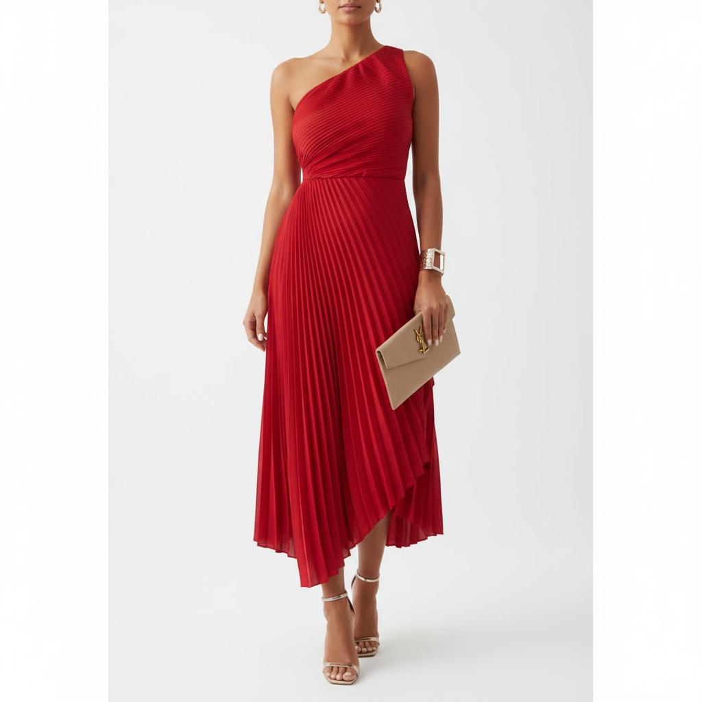 Madison | Women's Wedding Guest Dress With One-Shoulder Neckline And Pleated Skirt | Elegant