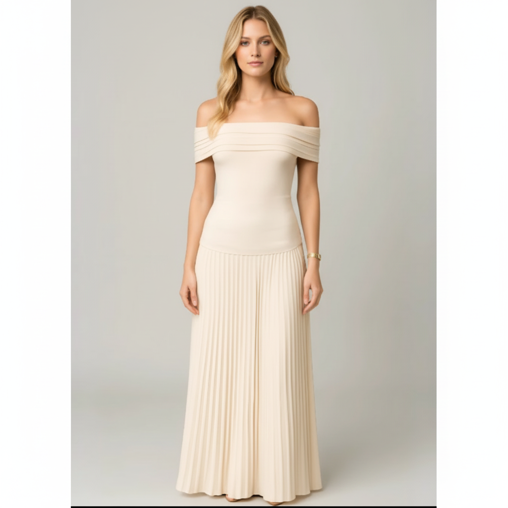 Madison | Women's Wedding Guest Maxi Dress With Off-Shoulder Neckline And Pleated Skirt | Elegant