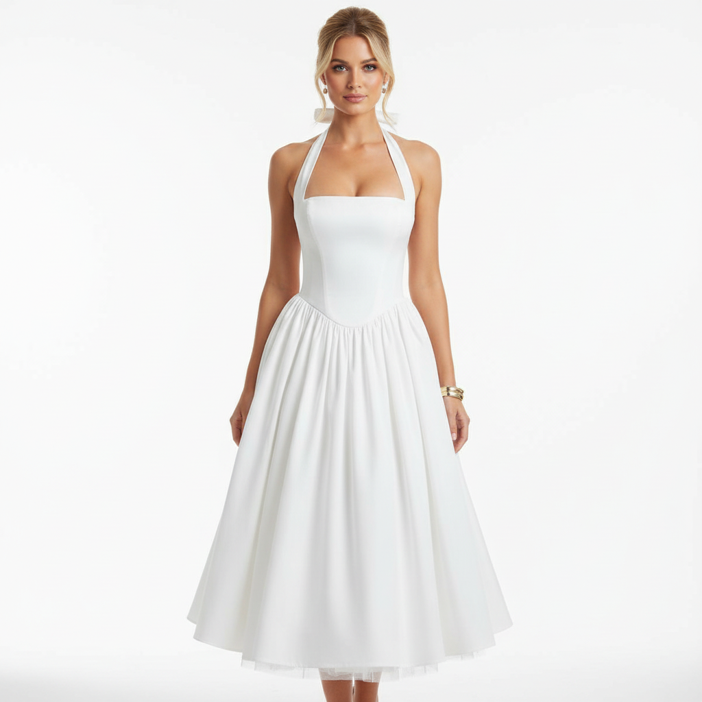Madison | Women's Wedding Guest Midi Dress With Halter Neckline And Pleated Skirt | Elegant
