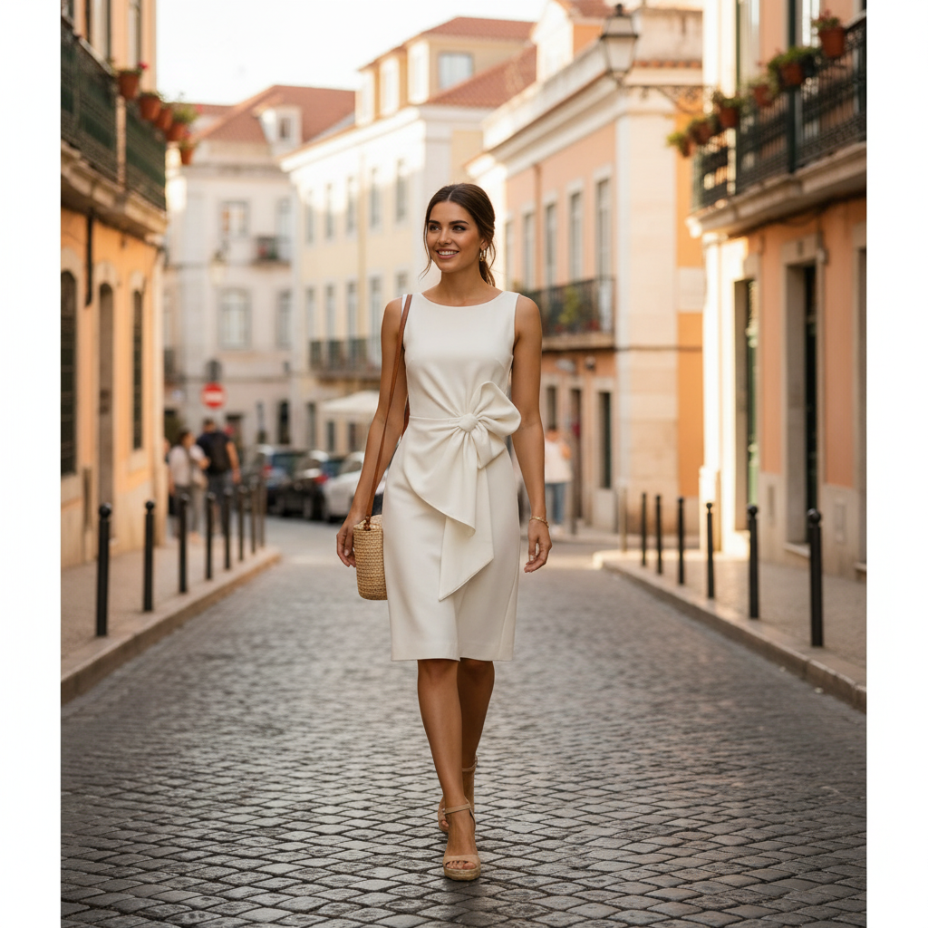 Madison | Women's White Mini Dress With Sleeveless Design And Bow Detail | Elegant