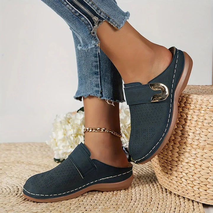 Mariana | Women’s Sandals With Perforated Upper And Gold Buckle | Comfort