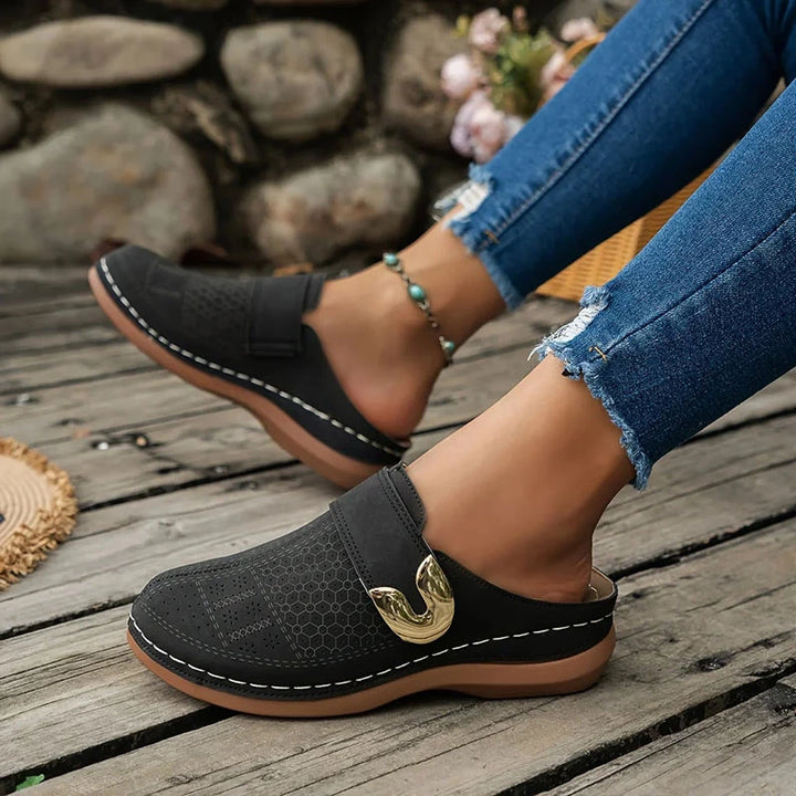 Mariana | Women’s Sandals With Perforated Upper And Gold Buckle | Comfort