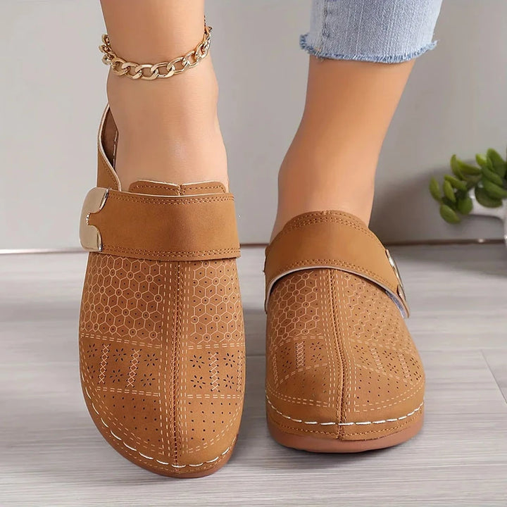 Mariana | Women’s Sandals With Perforated Upper And Gold Buckle | Comfort