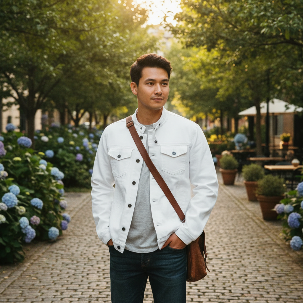 Mason | Men's Denim Jacket With Mandarin Collar And Button Front | Casual
