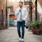 Mason | Men's Denim Jacket With Mandarin Collar And Button Front | Casual