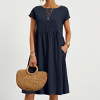 Mila | Women’s Formal Midi Dress With Short Sleeves And Side Pockets | Casual Elegant