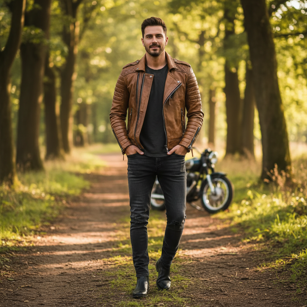 Noah | Men's Leather Jacket With Asymmetric Zip And Quilted Sleeves | Biker