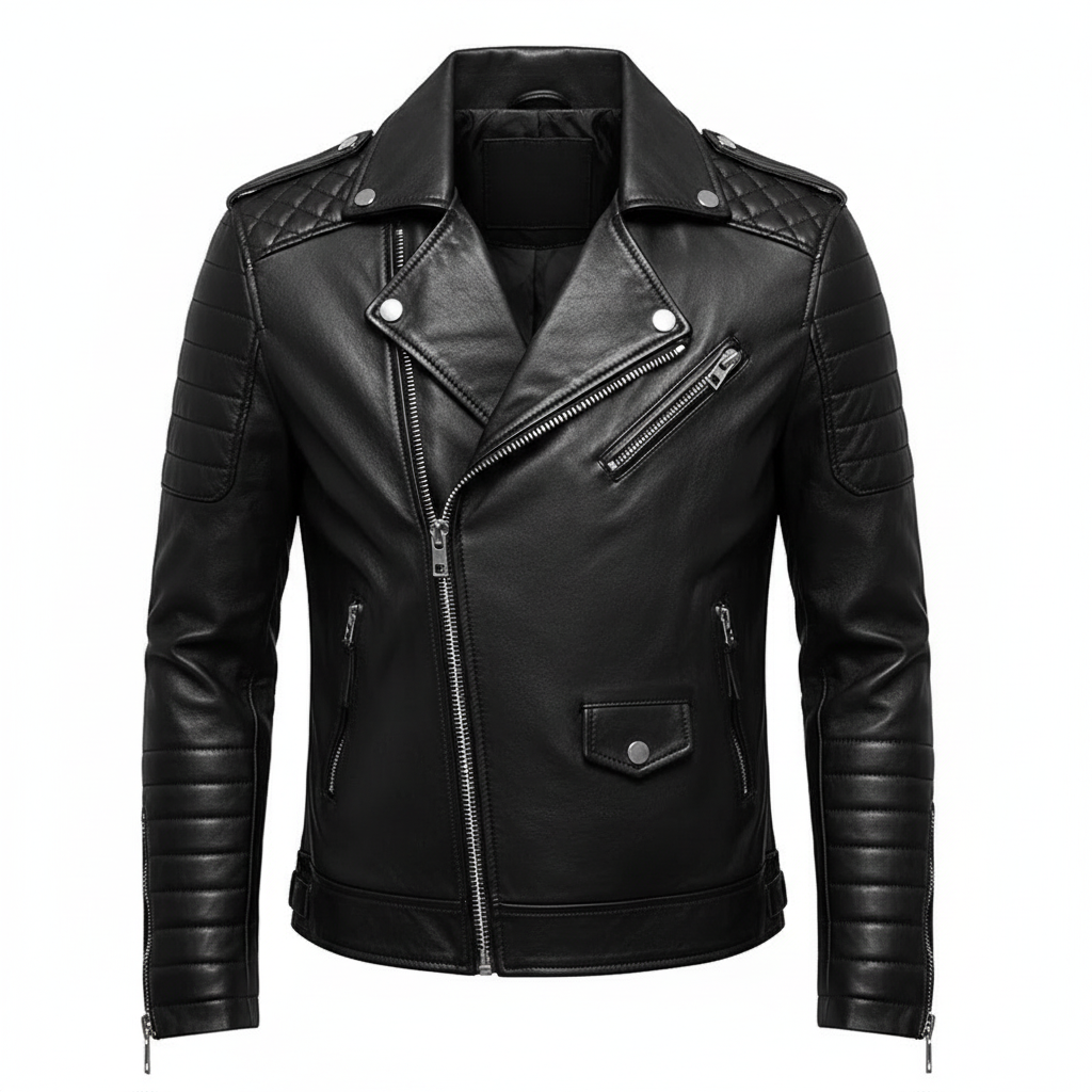 Noah | Men's Leather Jacket With Asymmetric Zip And Quilted Sleeves | Biker